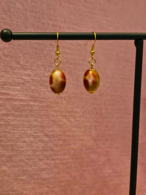 Gold Red Marbled Earrings