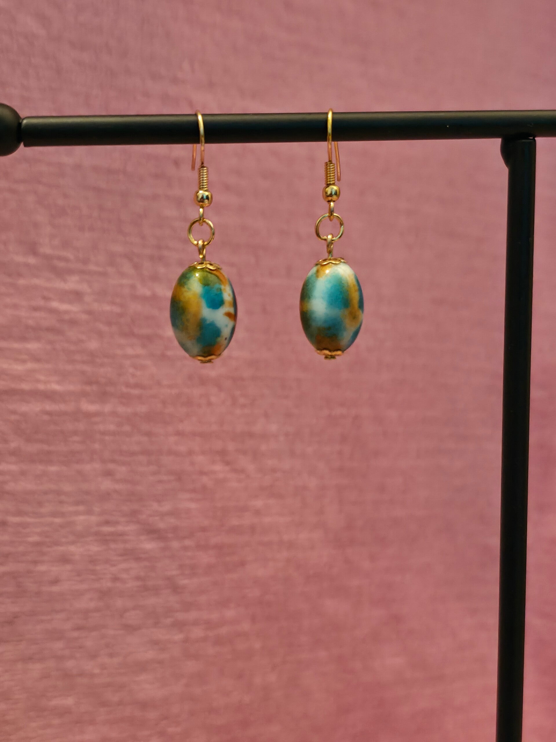 Gold Blue Marbled Earrings