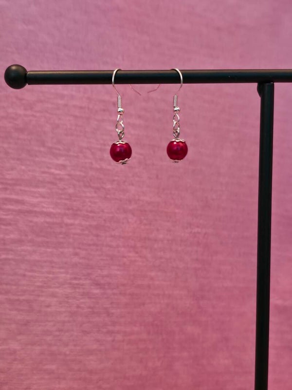 Silver Red Pearl Earrings