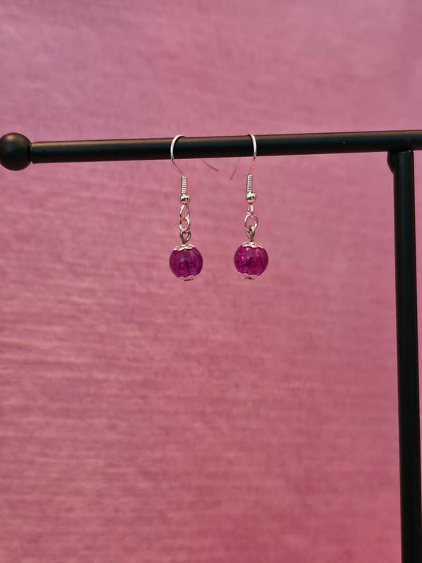 Silver Pink Glitter Glass Bead Earrings