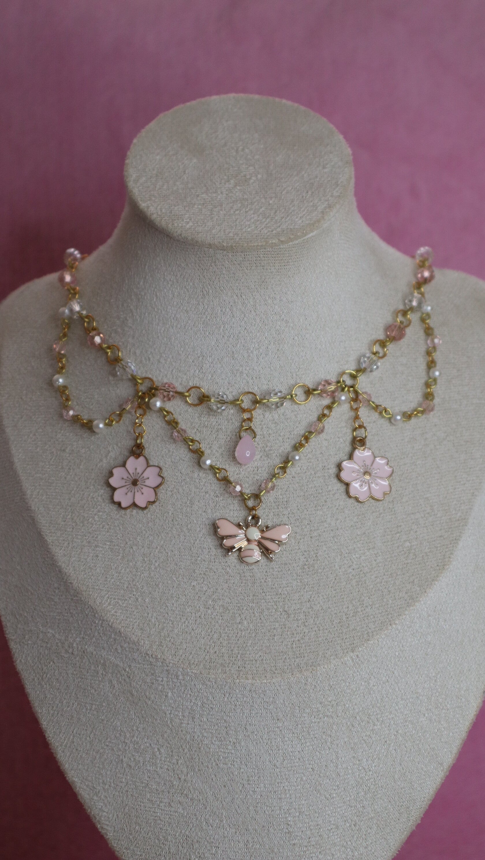 Gold and Pink Bee Necklace