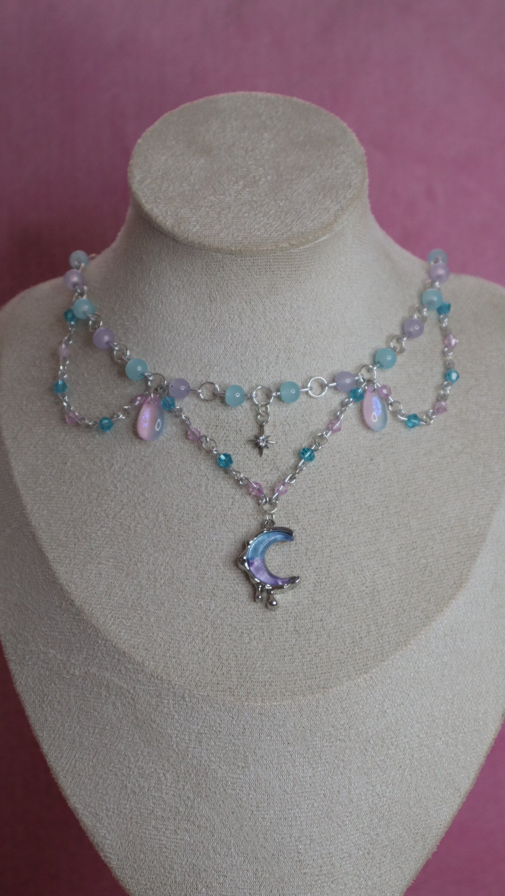 Silver Blue and Purple Moon Necklace