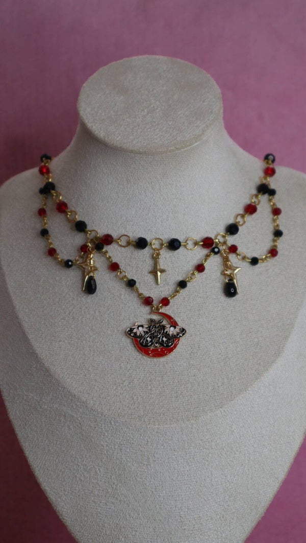 Gold Black and Red Moth Necklace