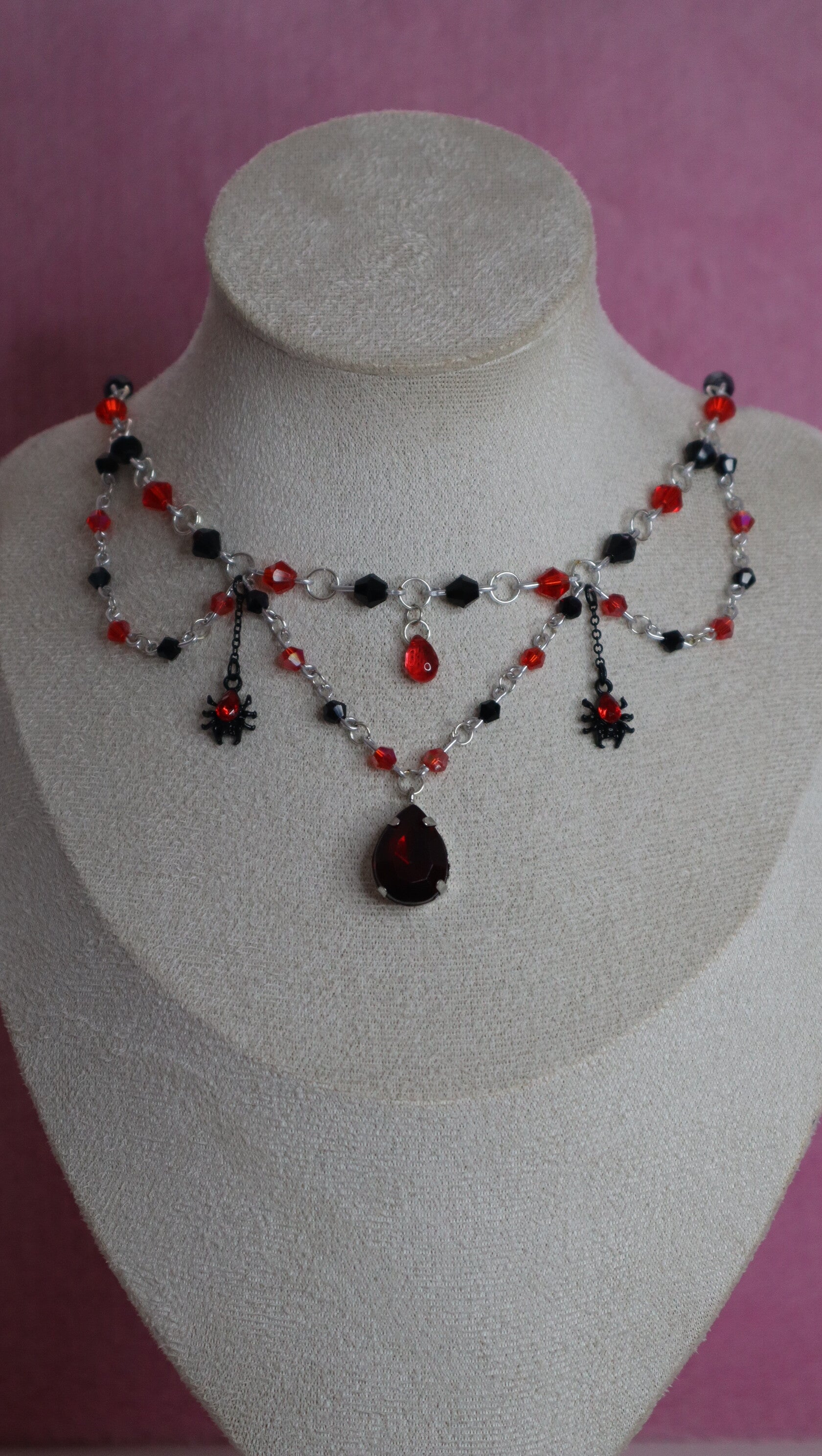 Silver Black and Red Spider Necklace
