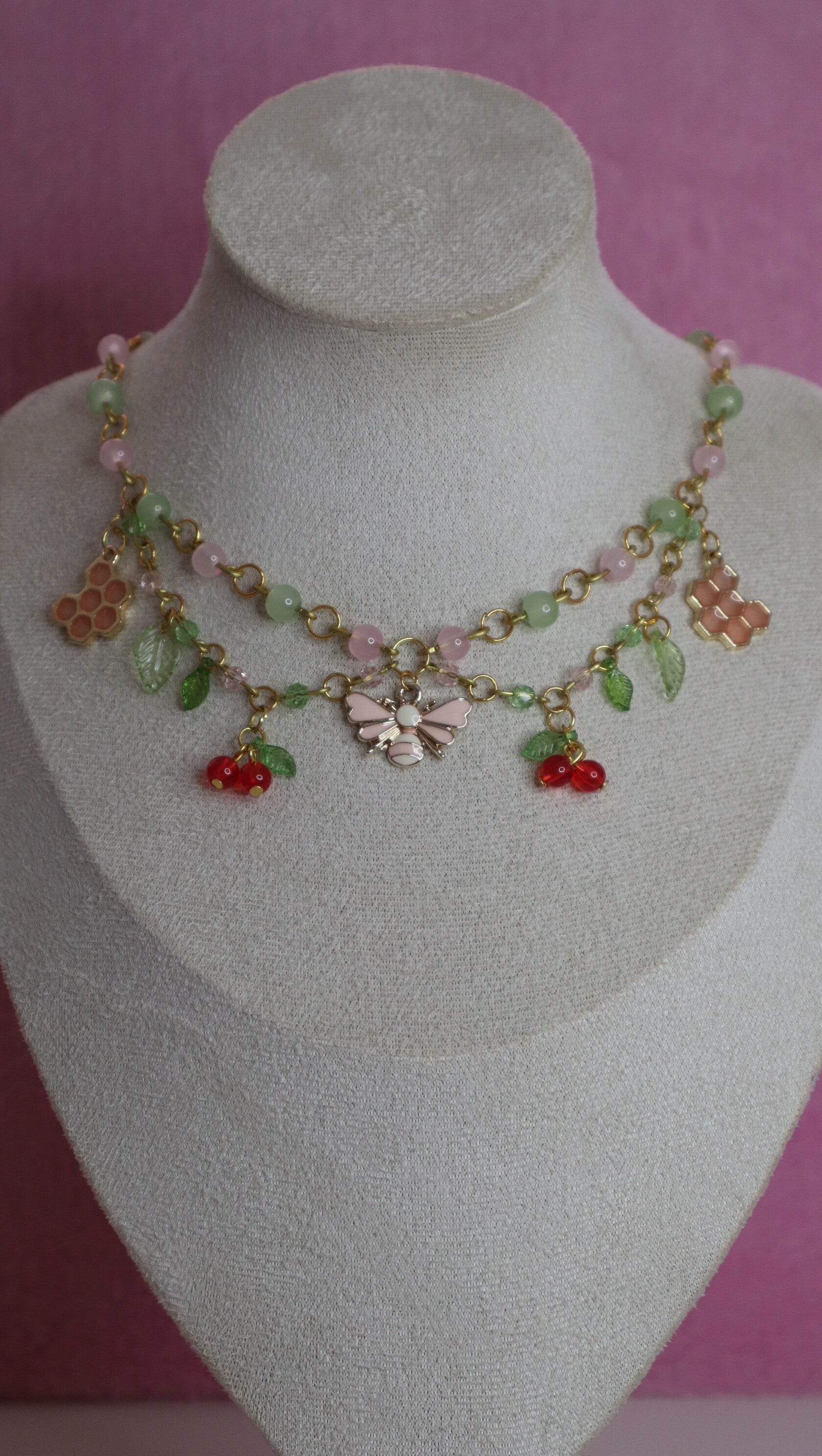 Gold Bee and Cherry Necklace