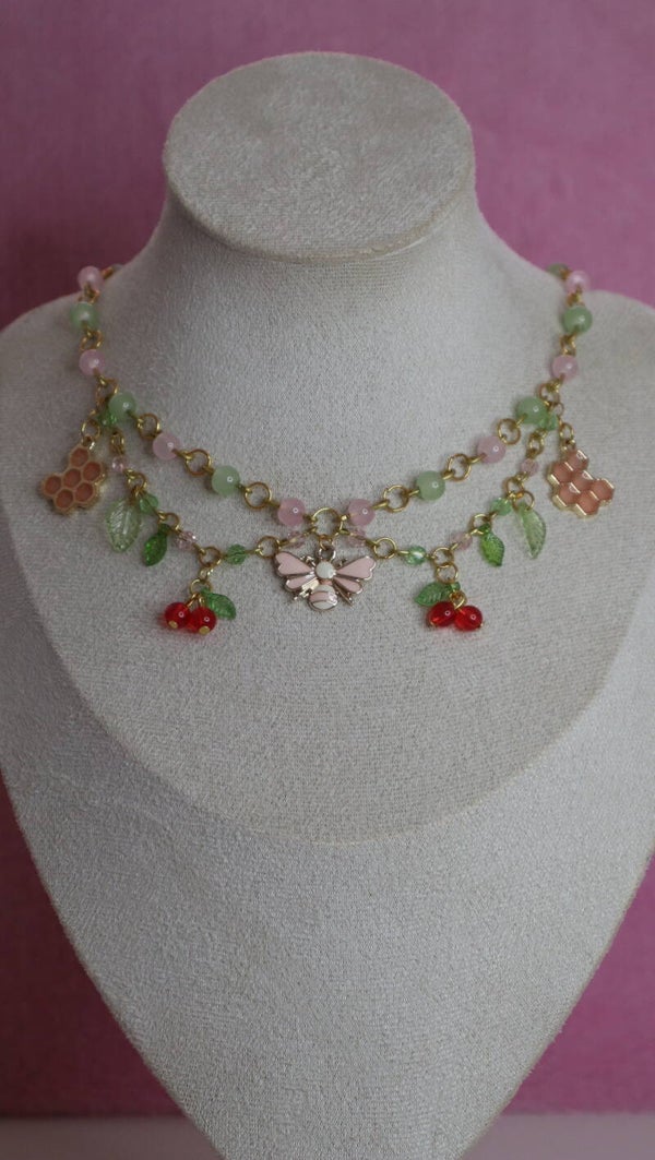 Gold Bee and Cherry Necklace