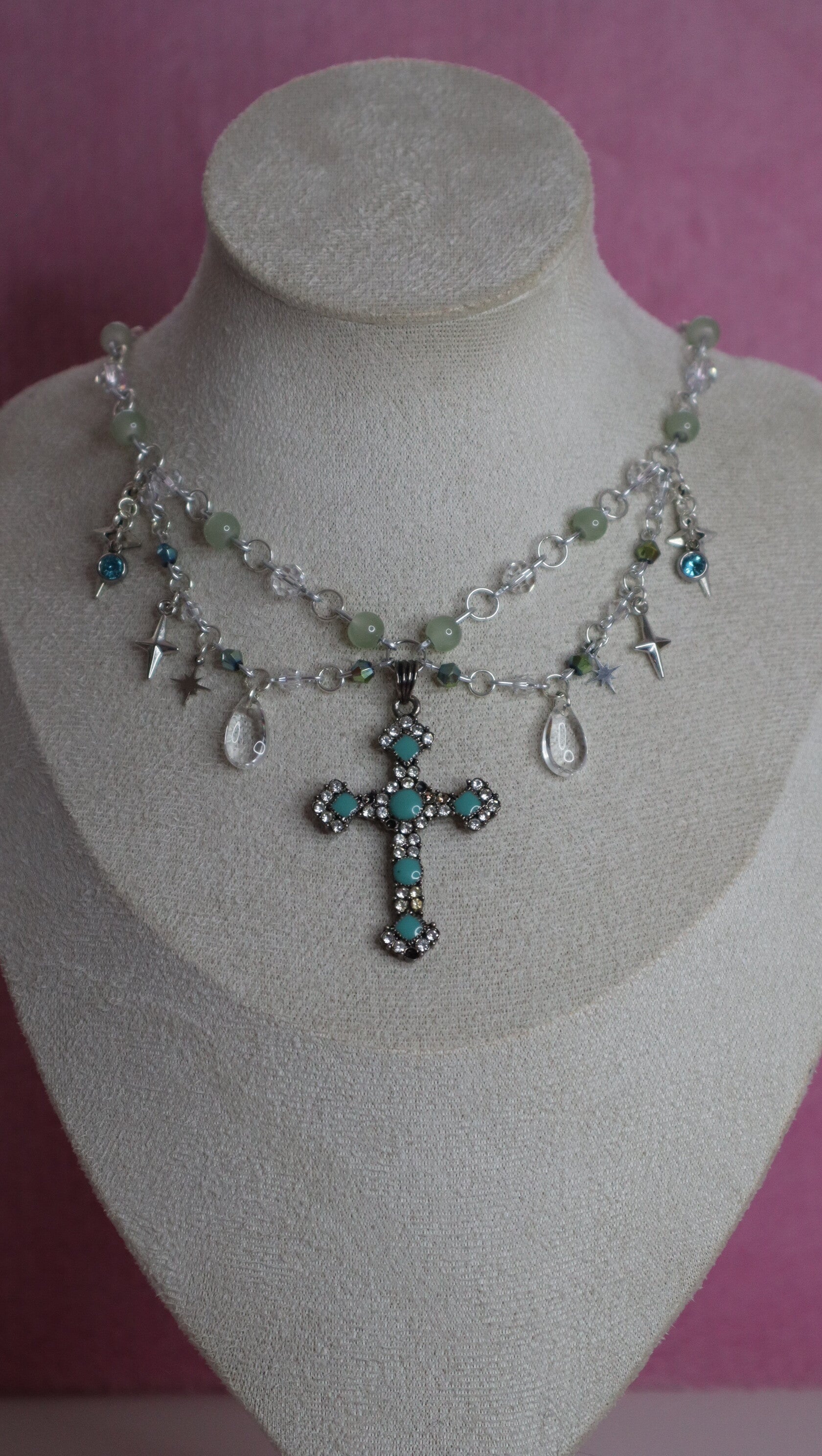 Silver and Blue Green Cross Necklace