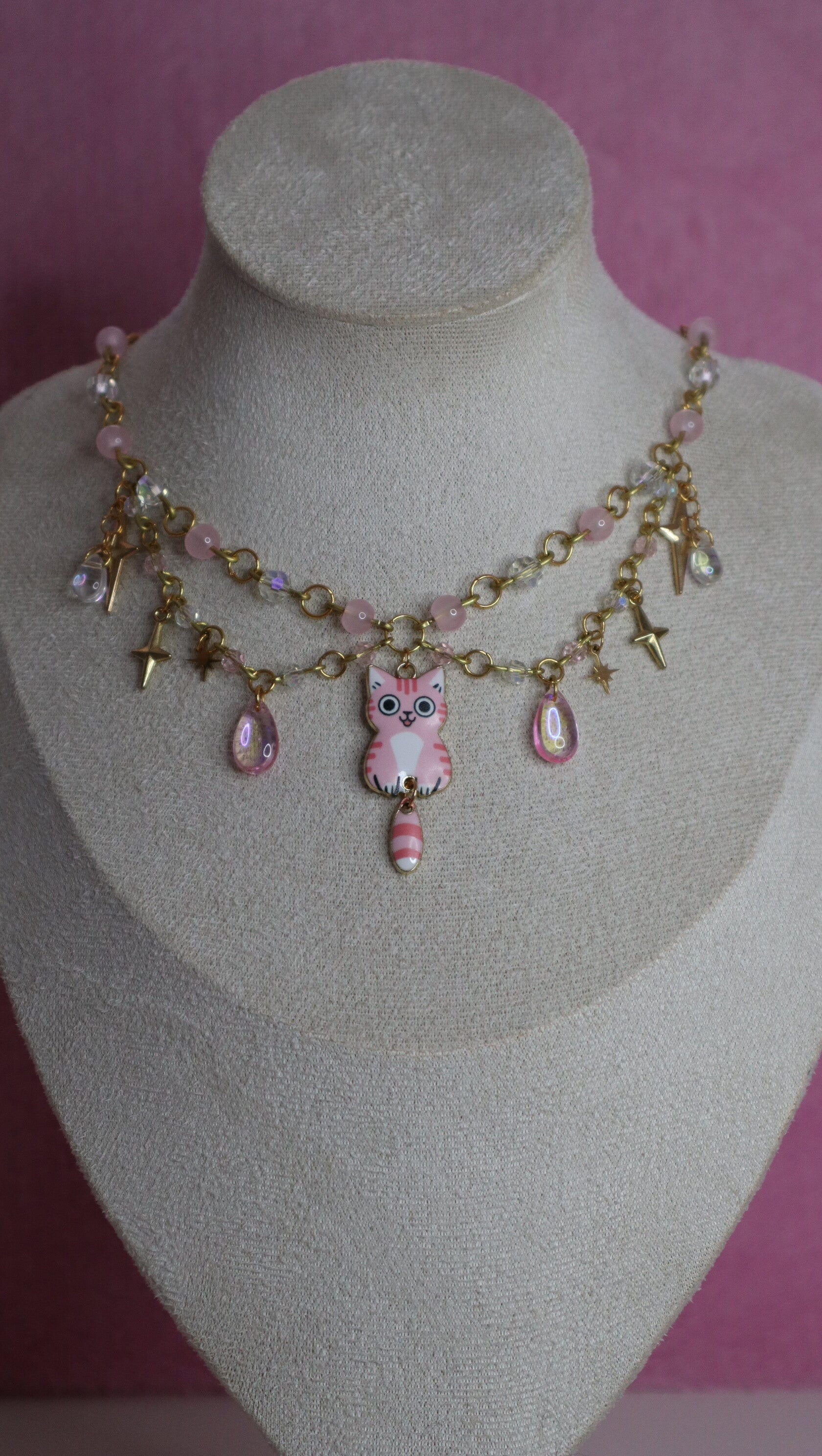 Gold and Pink Cat Necklace
