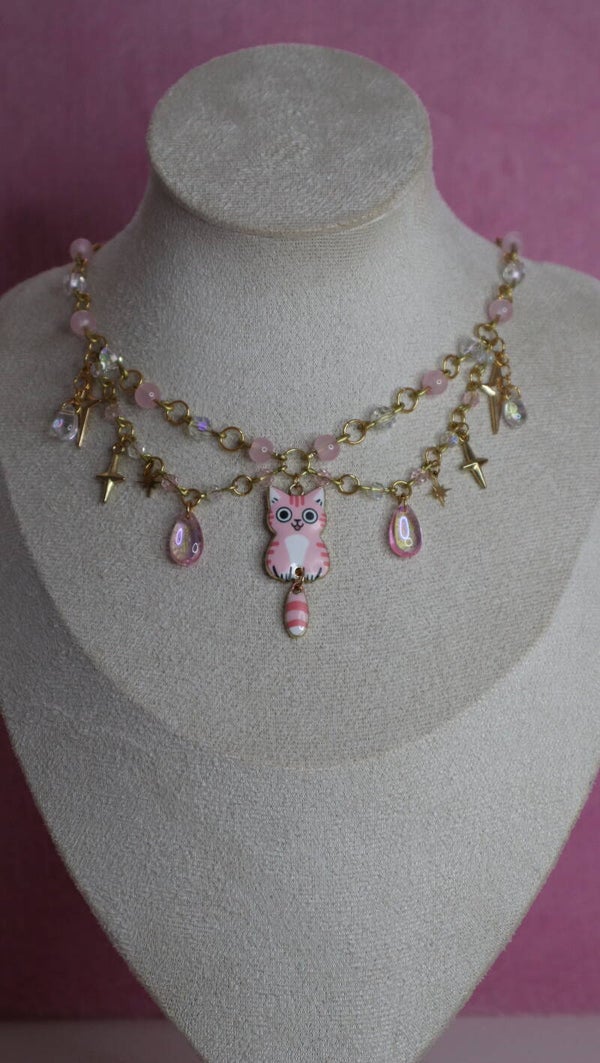 Gold and Pink Cat Necklace