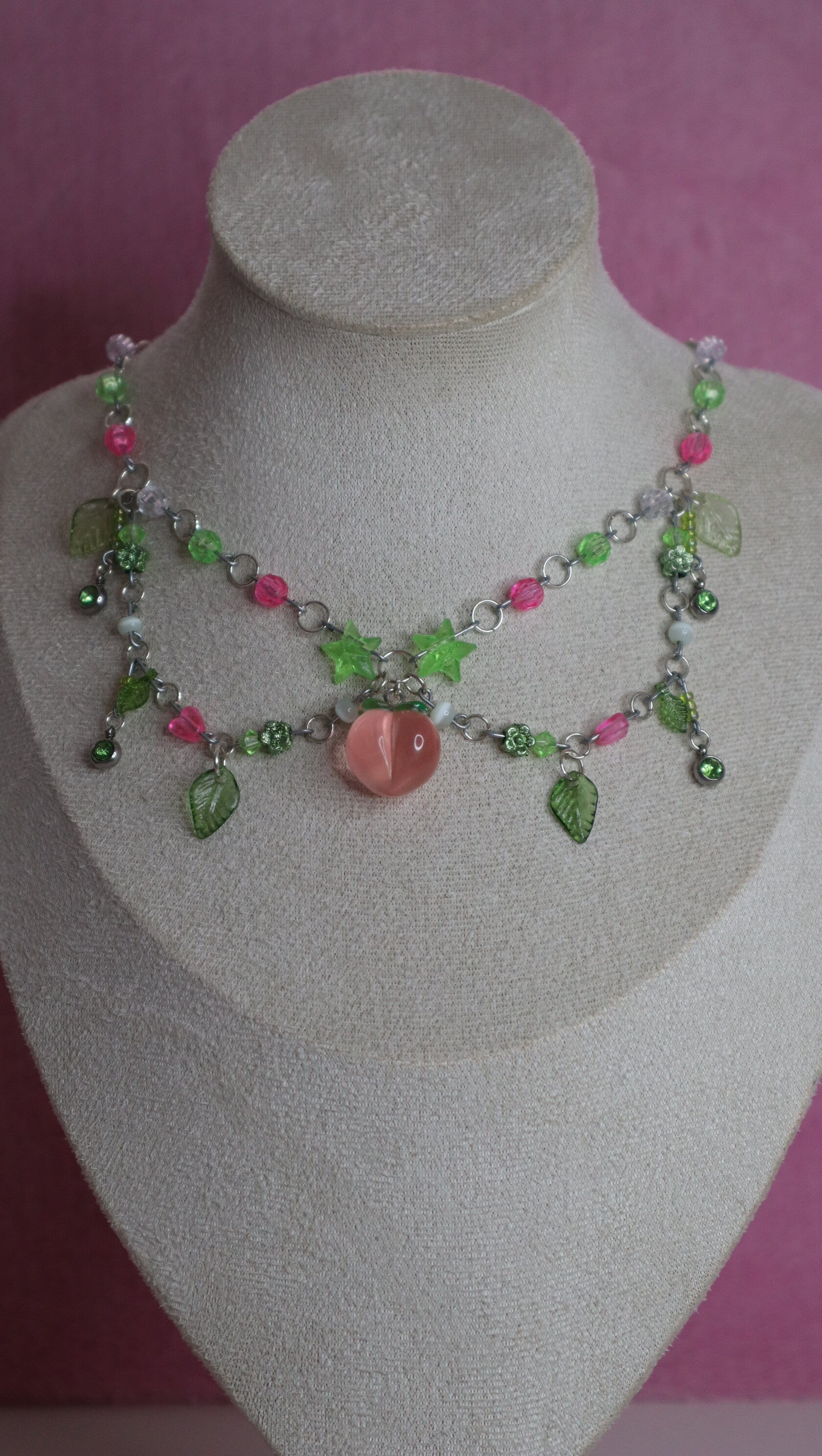 Silver Green and Pink Peach Necklace