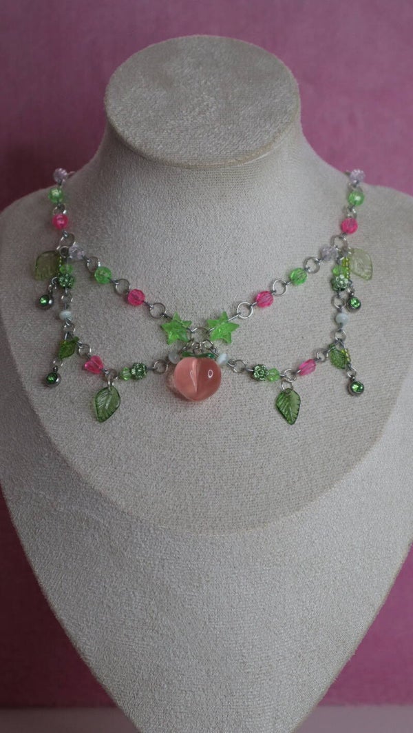 Silver Green and Pink Peach Necklace