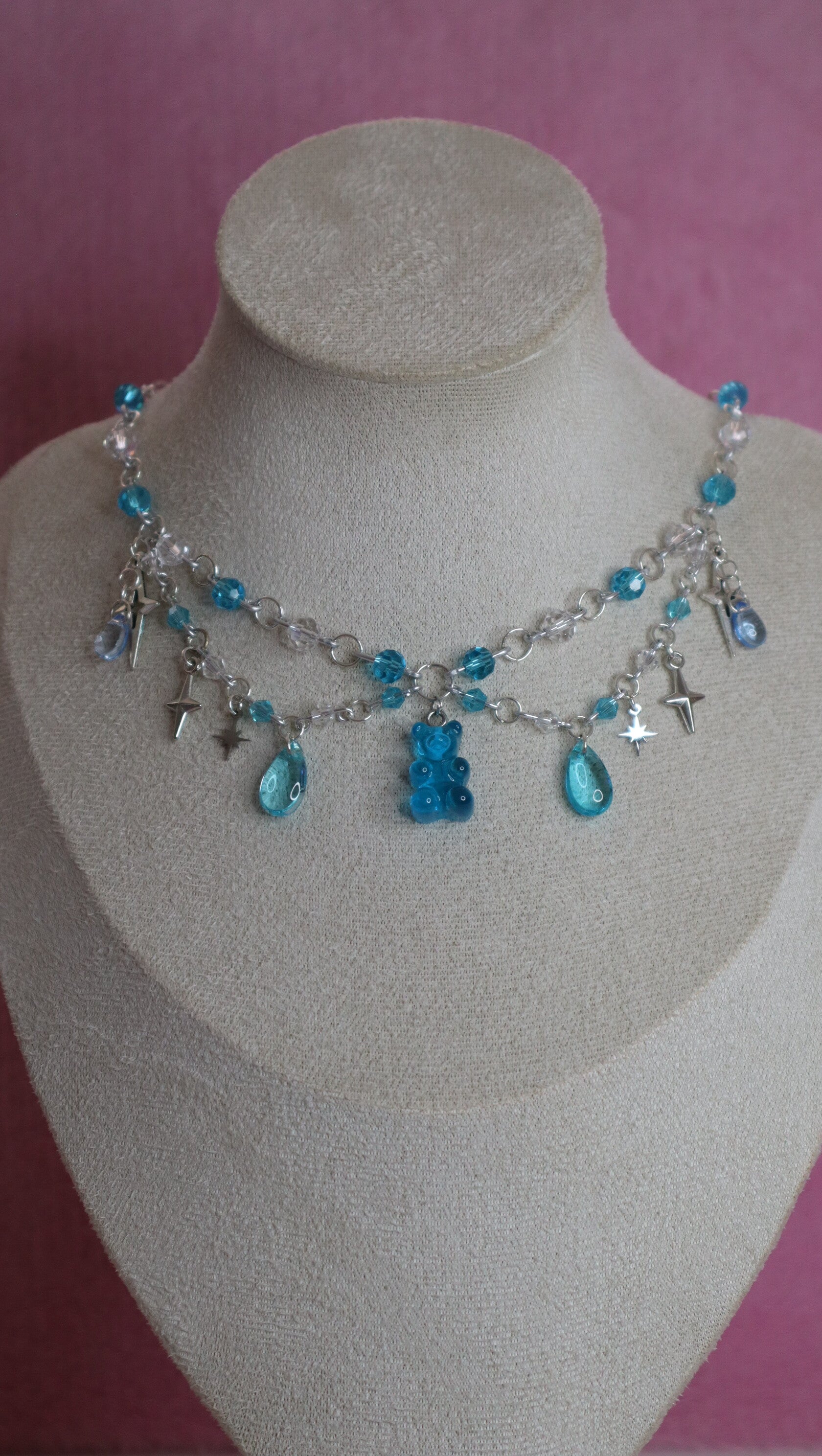 Silver and Blue Gummy bear Necklace