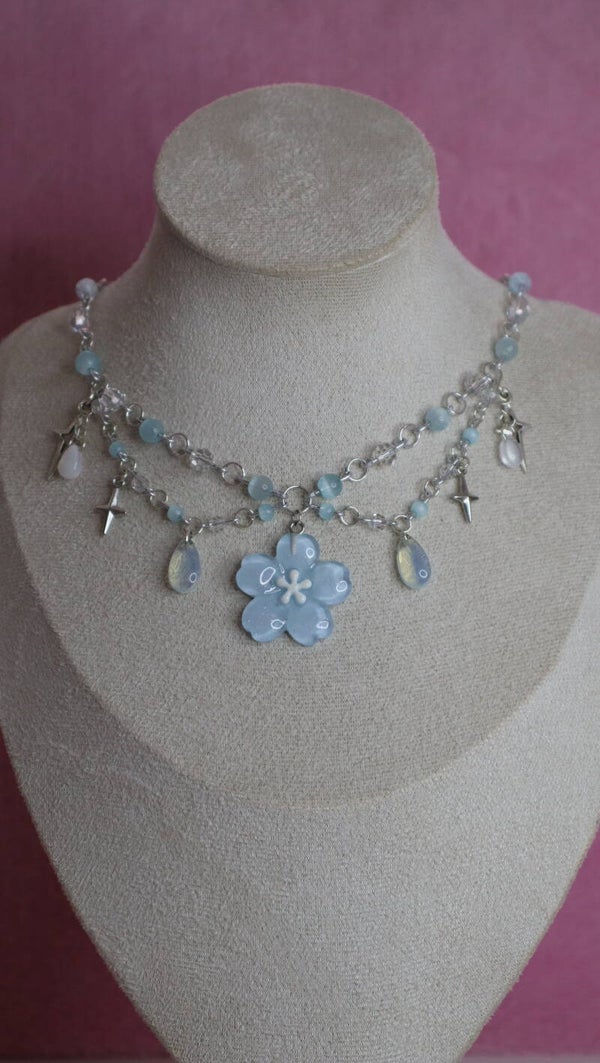 Silver and Blue Flower Necklace