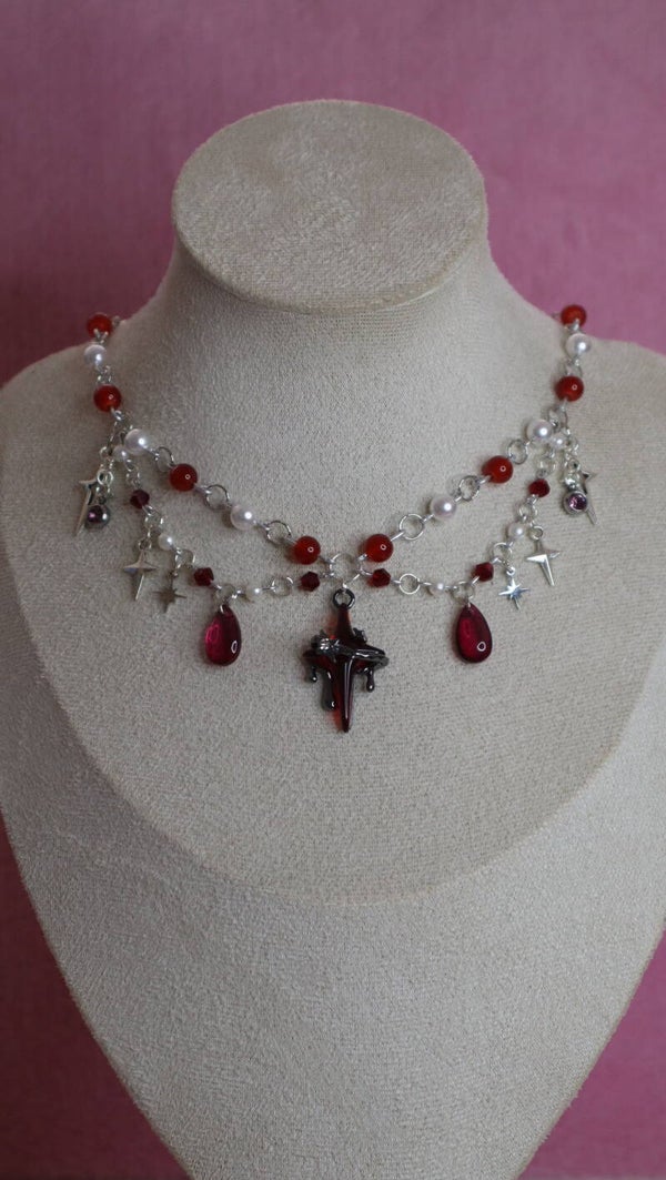 Silver and Red Cross Necklace