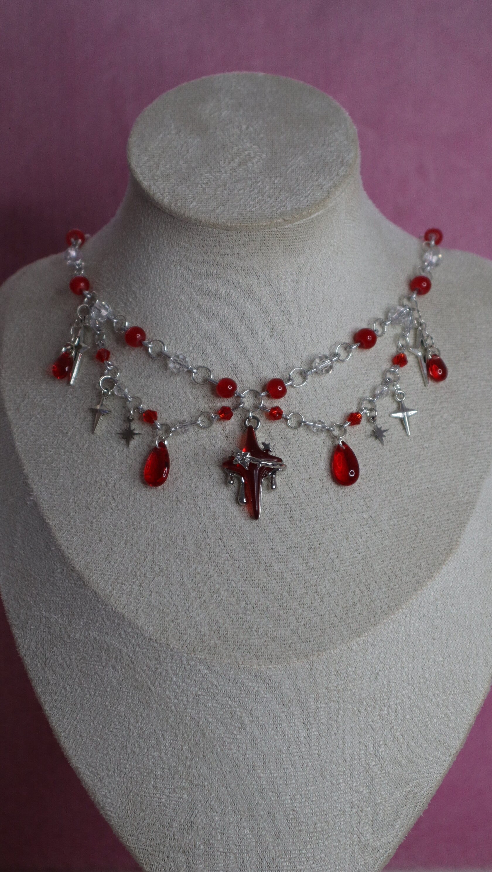 Silver and Red Necklace