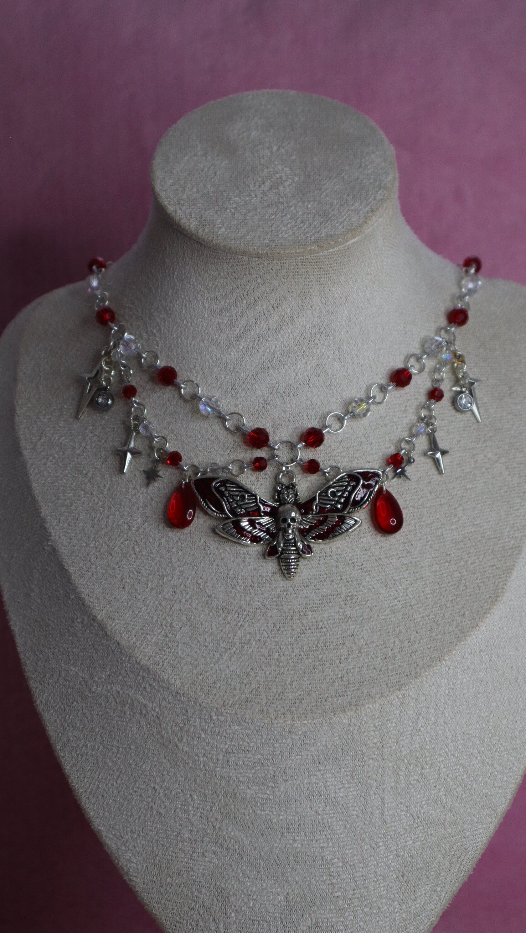 Silver and Red Moth Necklace
