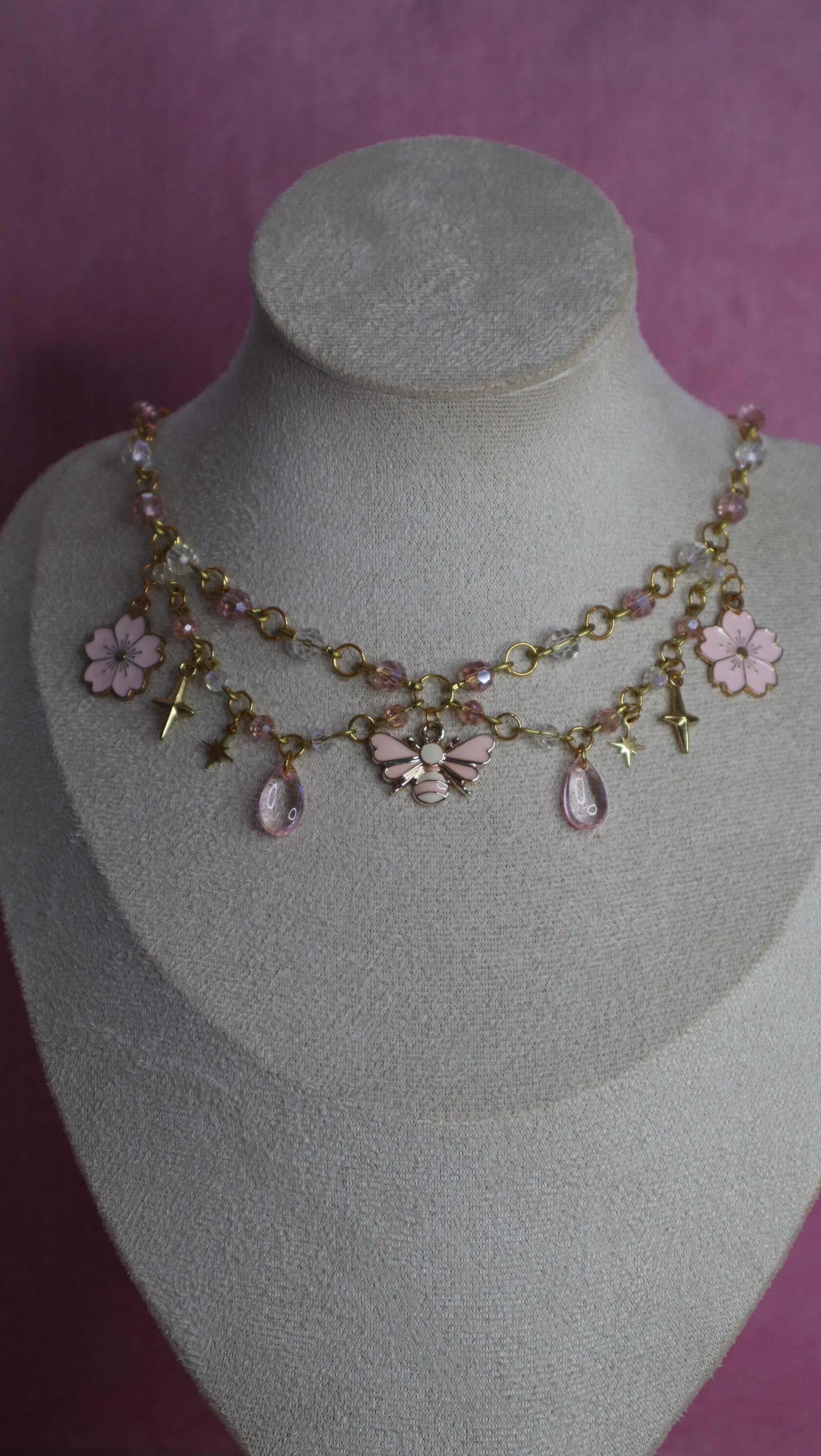 Gold and Pink Bee Necklace