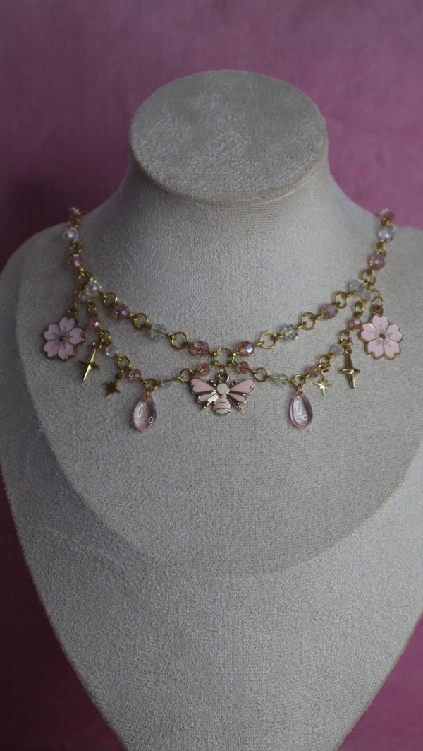 Gold and Pink Bee Necklace
