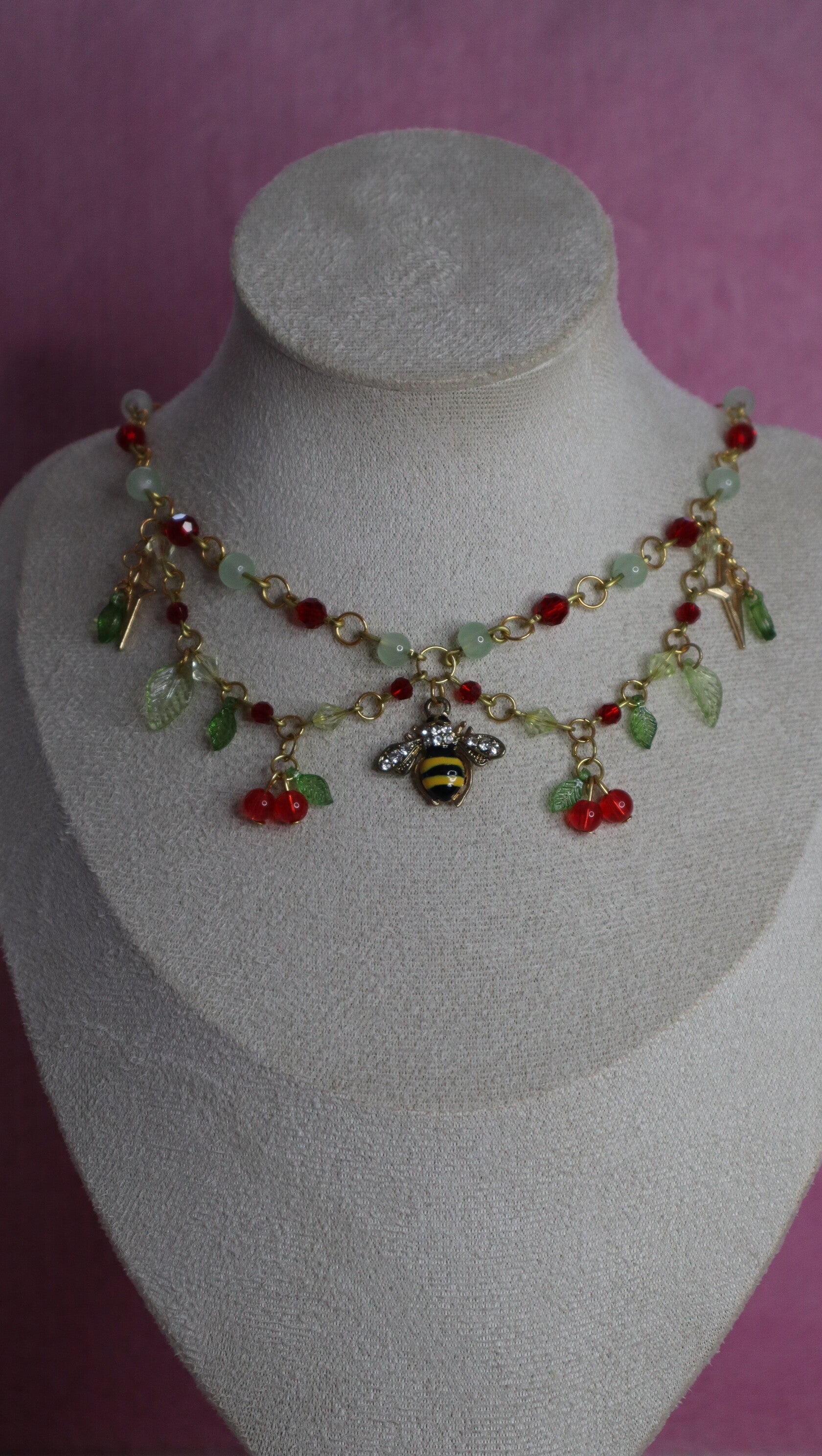 Gold Bee and Cherry Necklace