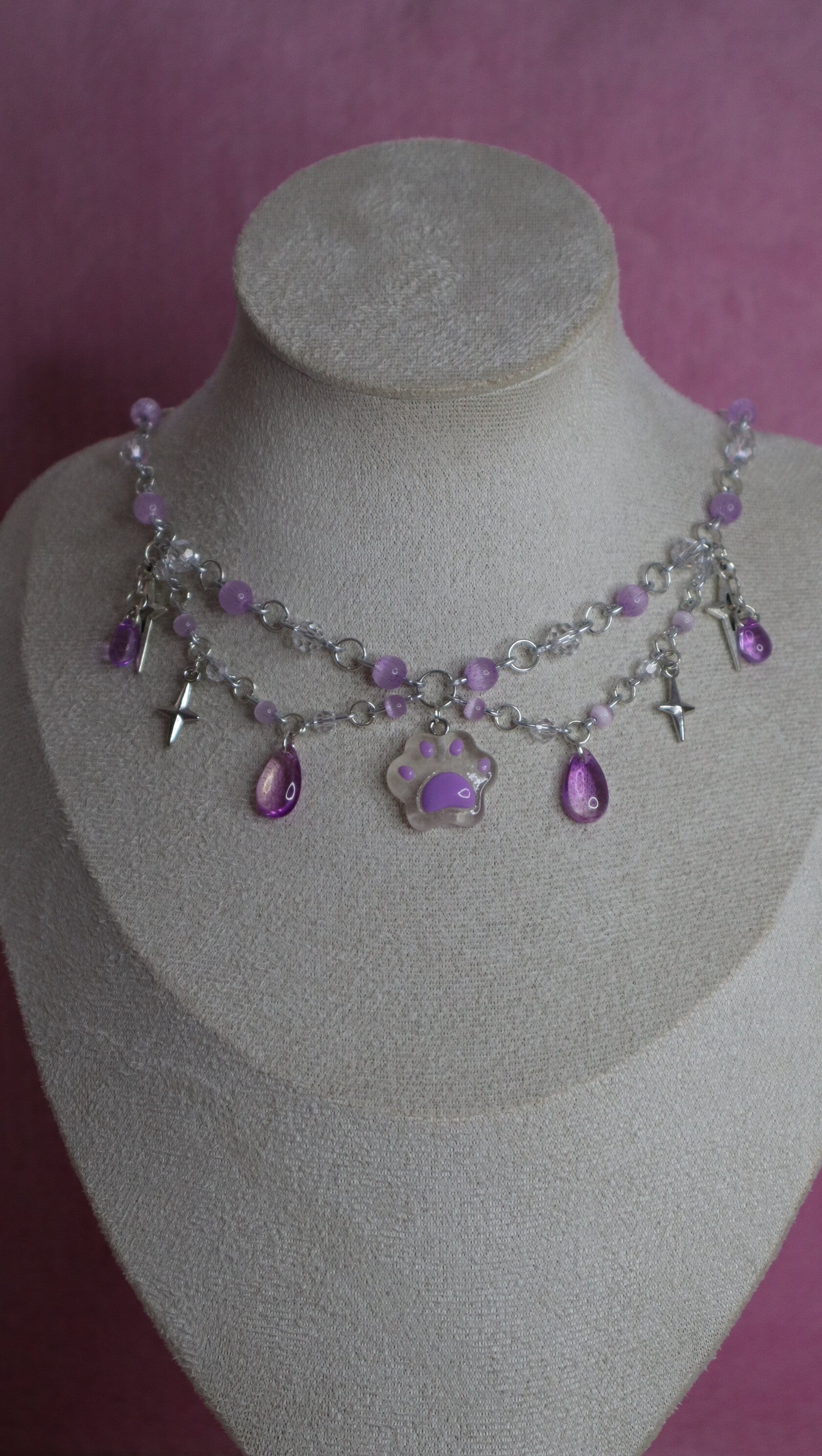 Silver and Purple Cat Paw Necklace