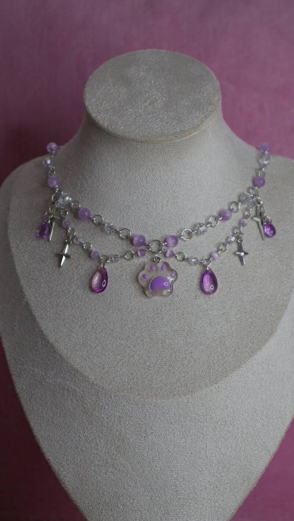 Silver and Purple Cat Paw Necklace