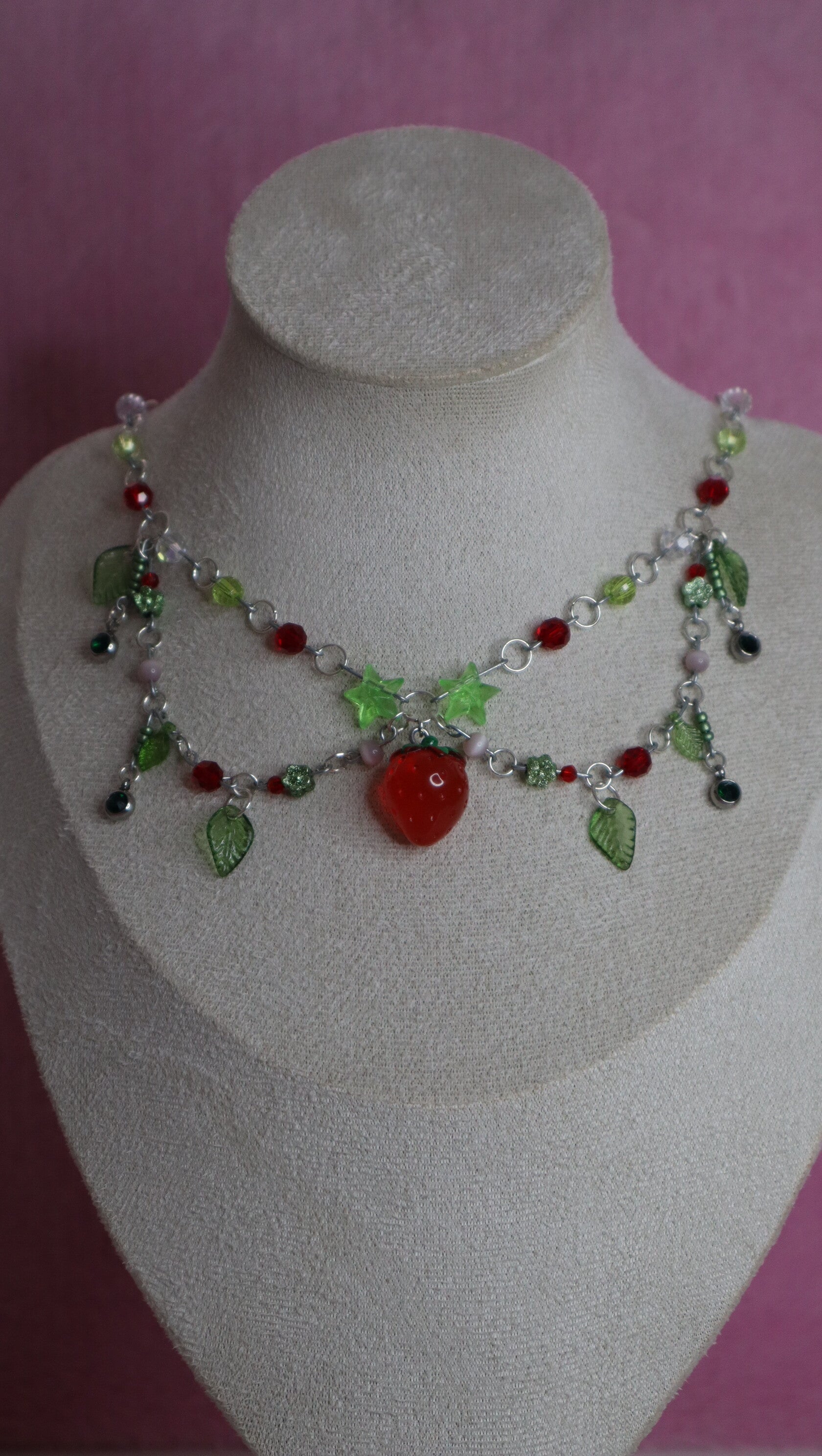 Silver Red and Green Strawberry Necklace
