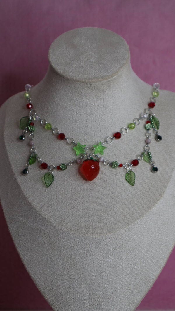 Silver Red and Green Strawberry Necklace