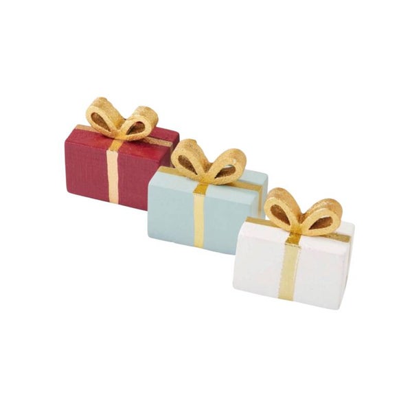 Set van drie houten cadeautjes, beschilderd