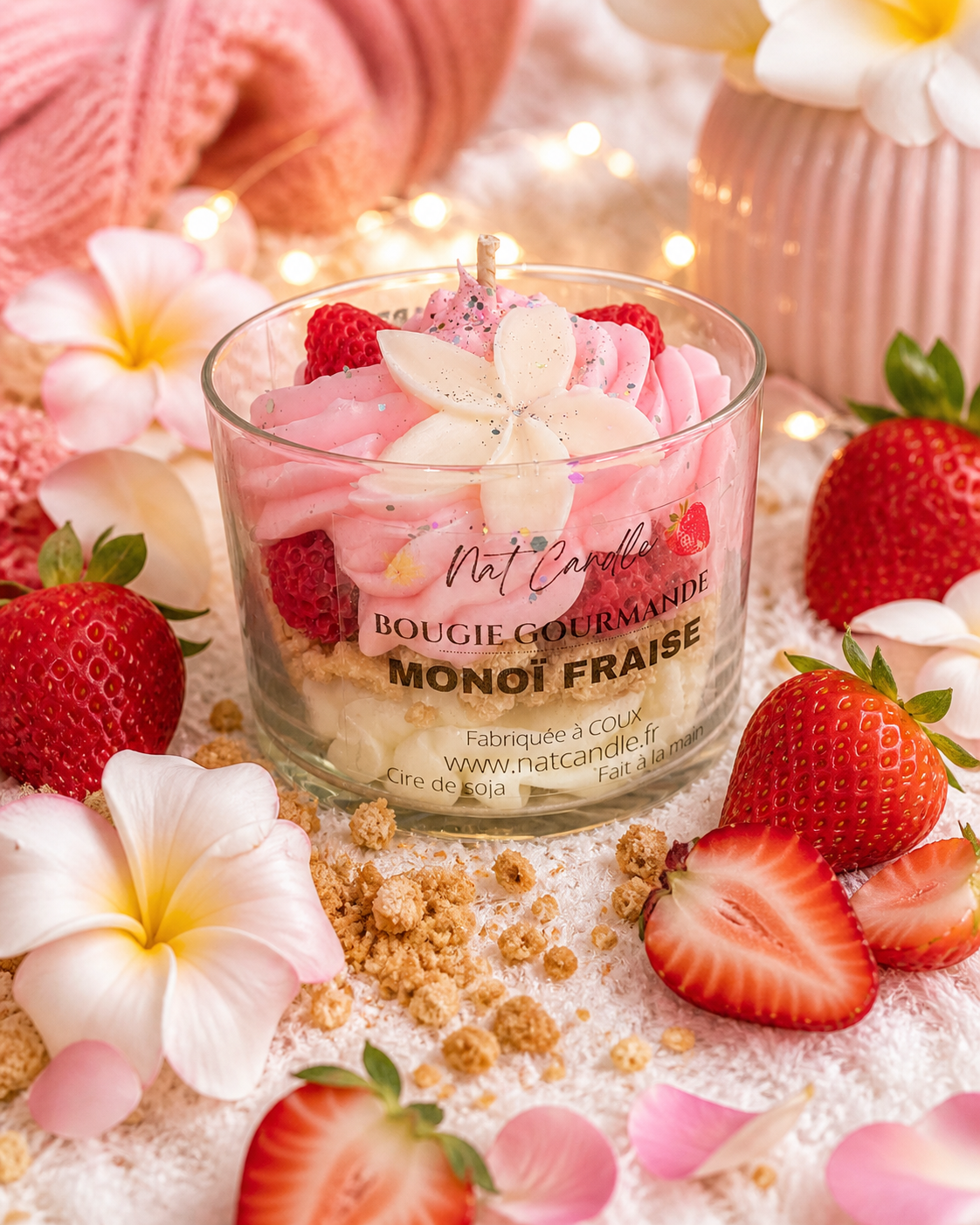 🌺 Bougie Gourmande – Monoï Fraise 🍓
