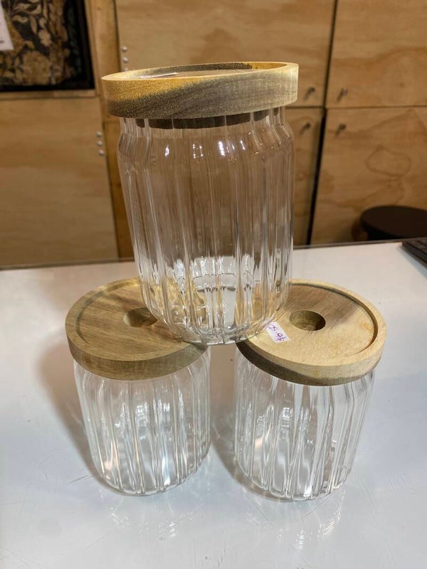 Ribbed Glass Storage Container - Wooden Lid
