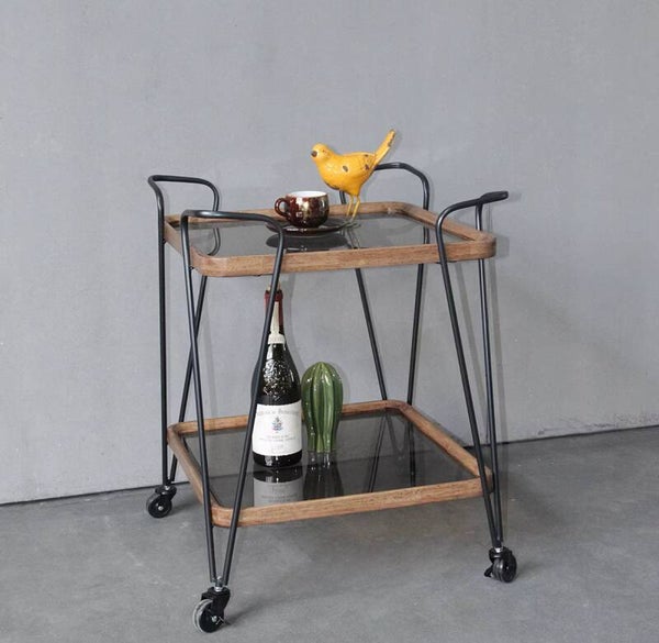 Wooden & Metal Bar Cart (Grey Glass) - Natural & Black - Square