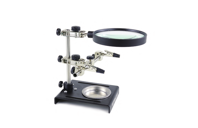ATTEN FT-90A magnifying frame: steel base with parts dish, column, clip arm and lens arm