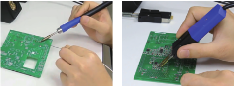 A GT-Y130 iron soldering a through-hole joint, and GT-N100 tweezers lifting a surface-mount component