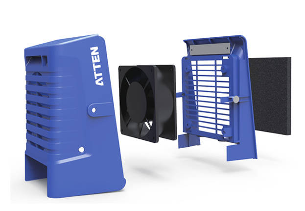 ATTEN ST-1016 shown in exploded view: housing, fan, LED grille and activated carbon filter