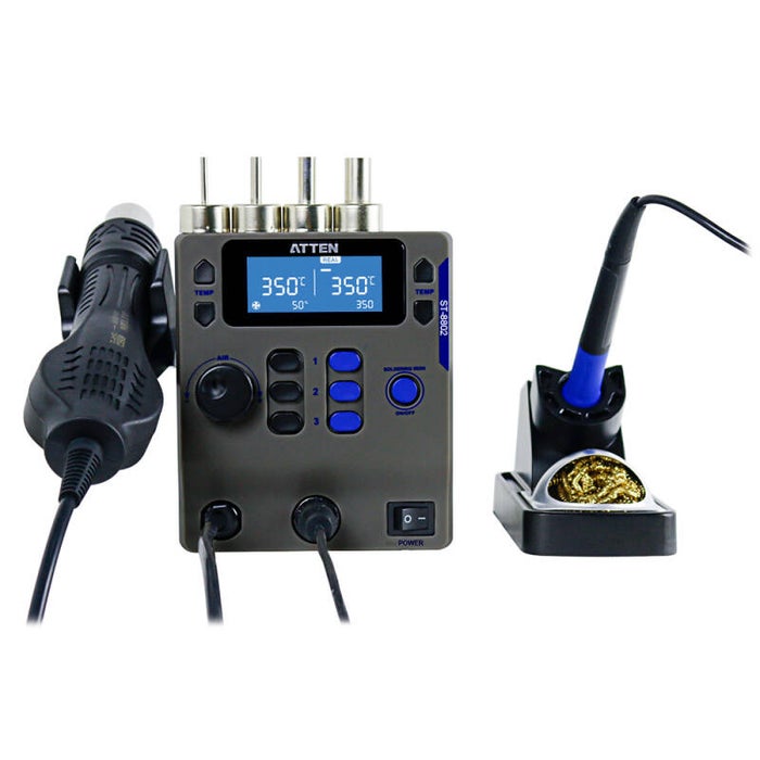 ATTEN ST-8802 with the hot air gun, the soldering iron in its stand and both temperatures on the display