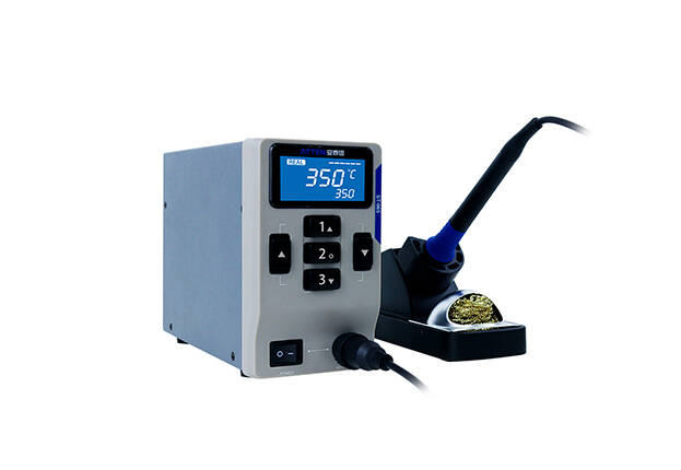 ATTEN ST-965 soldering station showing 350 °C on the LCD, with the handle in its stand