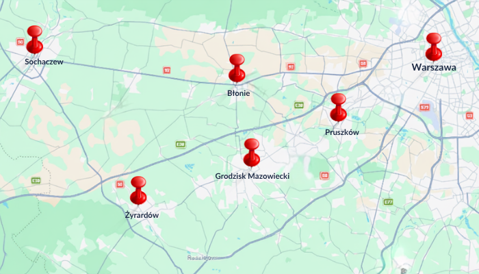 Mapa obszaru działania firmy Remont z Poziomem na terenie Warszawy i zachodniego Mazowsza