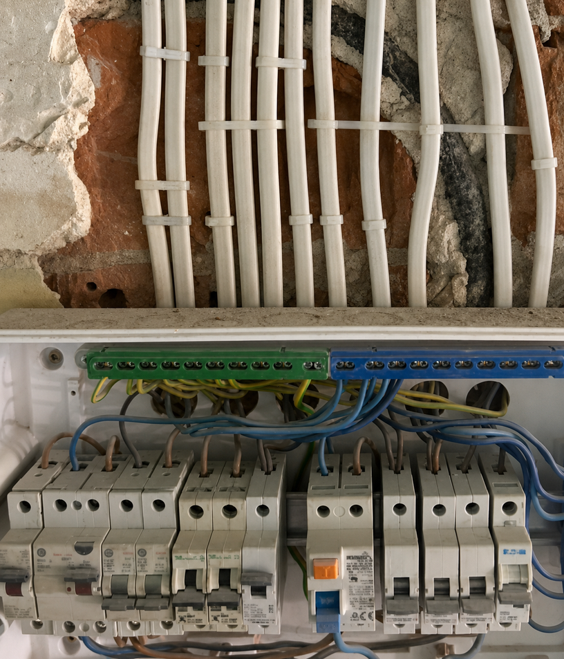 Prace przy rozdzielni elektrycznej w mieszkaniu