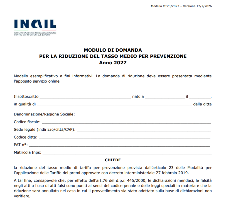 Modello OT23 INAIL 2027 per la riduzione del tasso medio di prevenzione