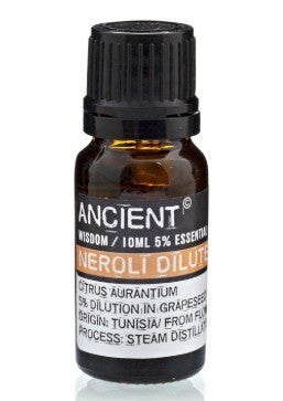 Huile essentielle de néroli diluée (très calmante, soulage l'anxiété chronique, la dépression, la peur, le choc, le stress, calmerait les spasmes intestinaux, la colite et la diarrhée, excellente pour l'insomnie, les palpitations cardiaques ...)