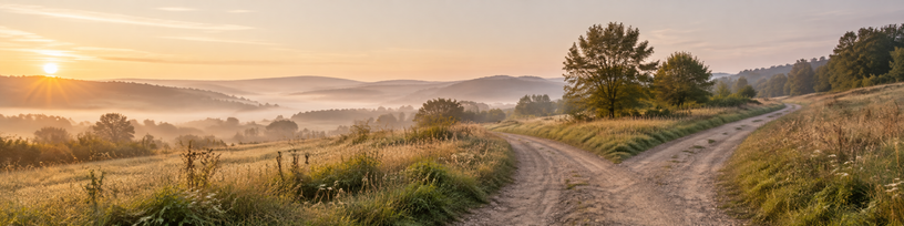 Chemin de campagne qui se sépare en deux au petit matin