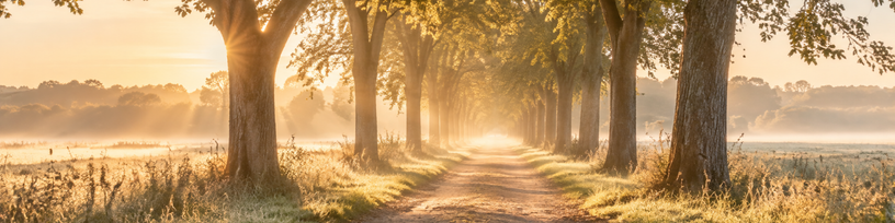 Allée bordée d'arbres au petit matin