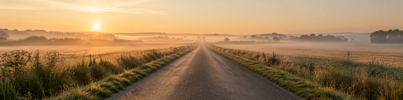 Route de campagne s'éloignant vers l'horizon au petit matin