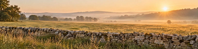Muret de pierres claires longeant un pré au petit matin