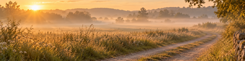 Chemin de campagne traversant le cadre au petit matin