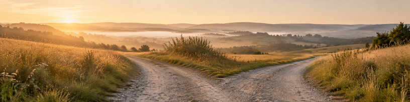 Chemin de campagne qui bifurque au petit matin