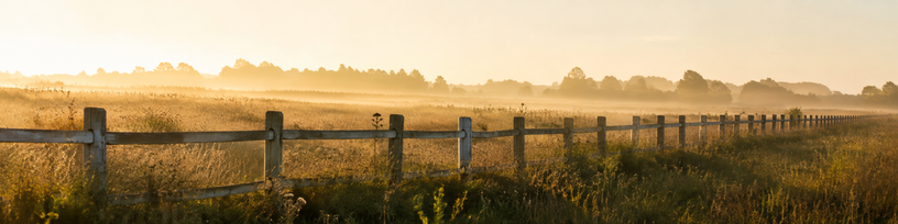 Barrière de bois traversant un pré au petit matin