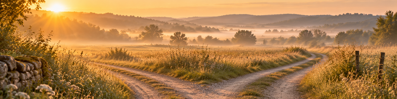 Chemin de campagne qui bifurque au petit matin
