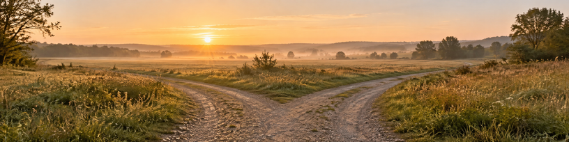 Chemin de campagne qui se sépare en deux au petit matin