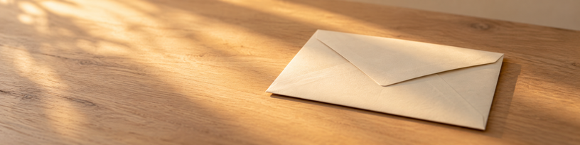 Enveloppe en papier ivoire posée sur un plan de travail